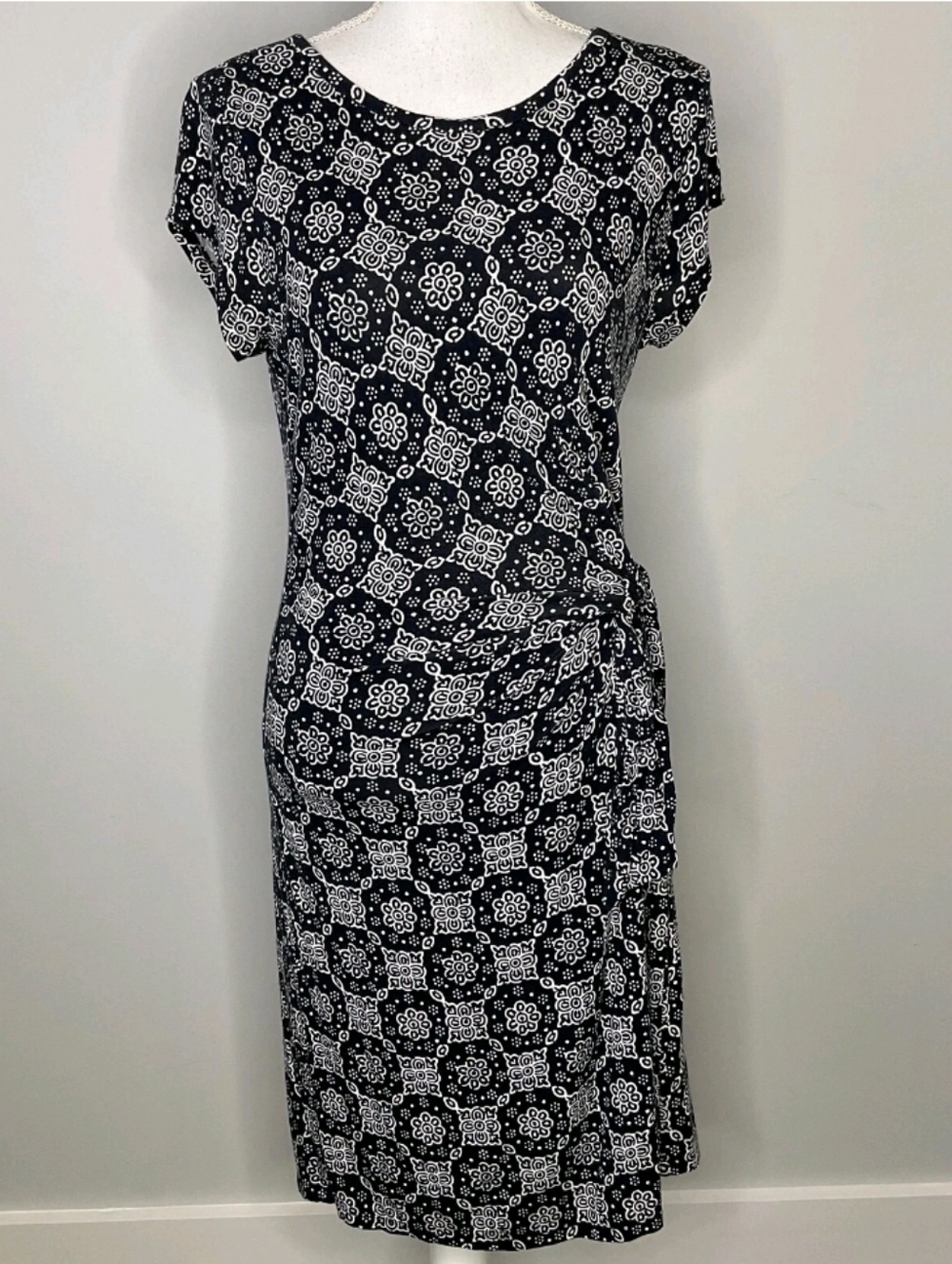 Loft Side Tie Dress Navy White Floral Size Small Women's Petite Midi Jersey Knit